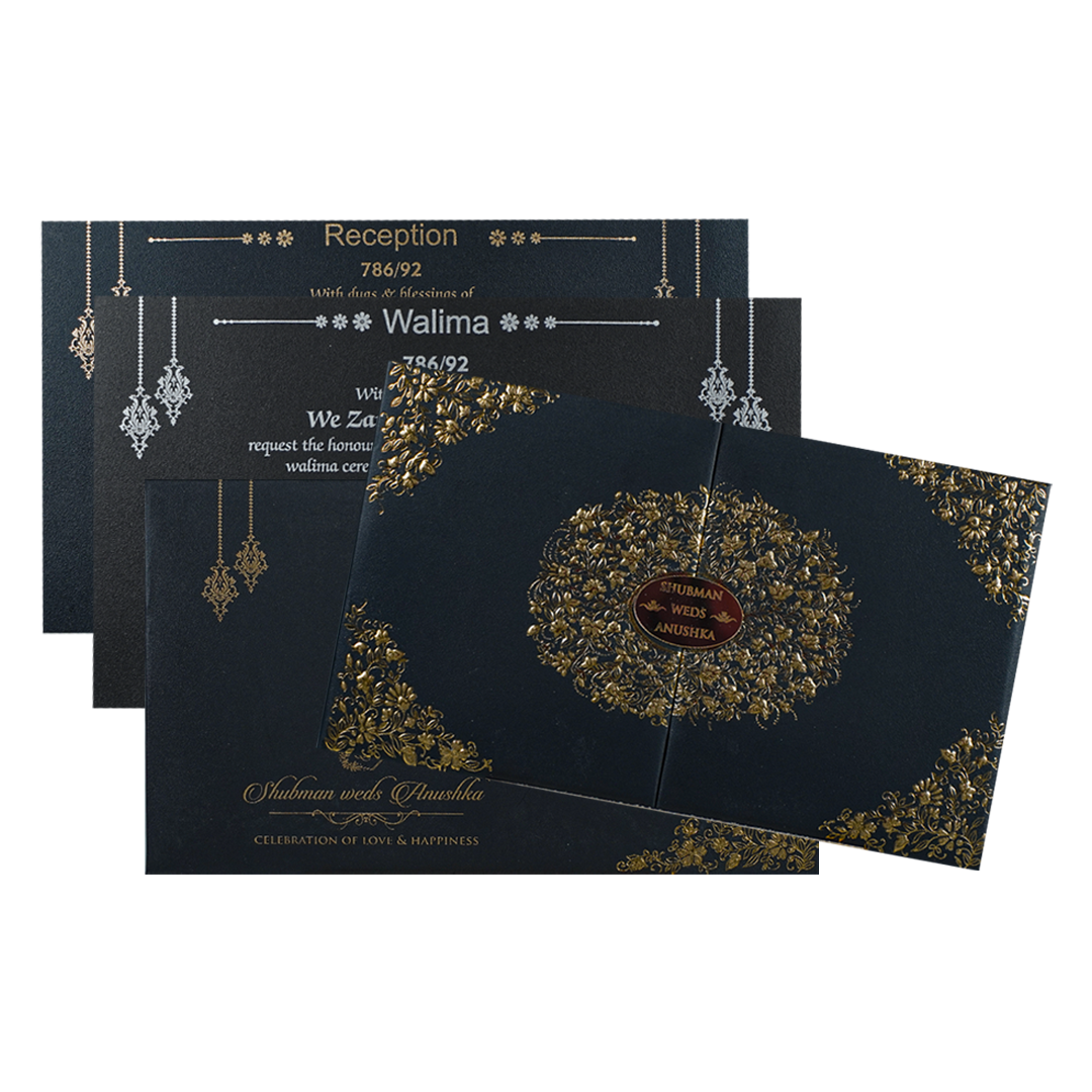 Black Gold Floral Padded Wedding Card-KRB09331