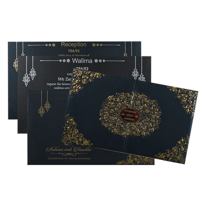 Black Gold Floral Padded Wedding Card-KRB09331