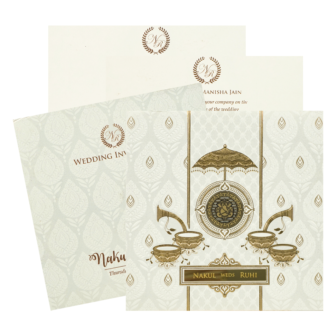 White Musical Ganesha Padded Wedding Card-KRE28270