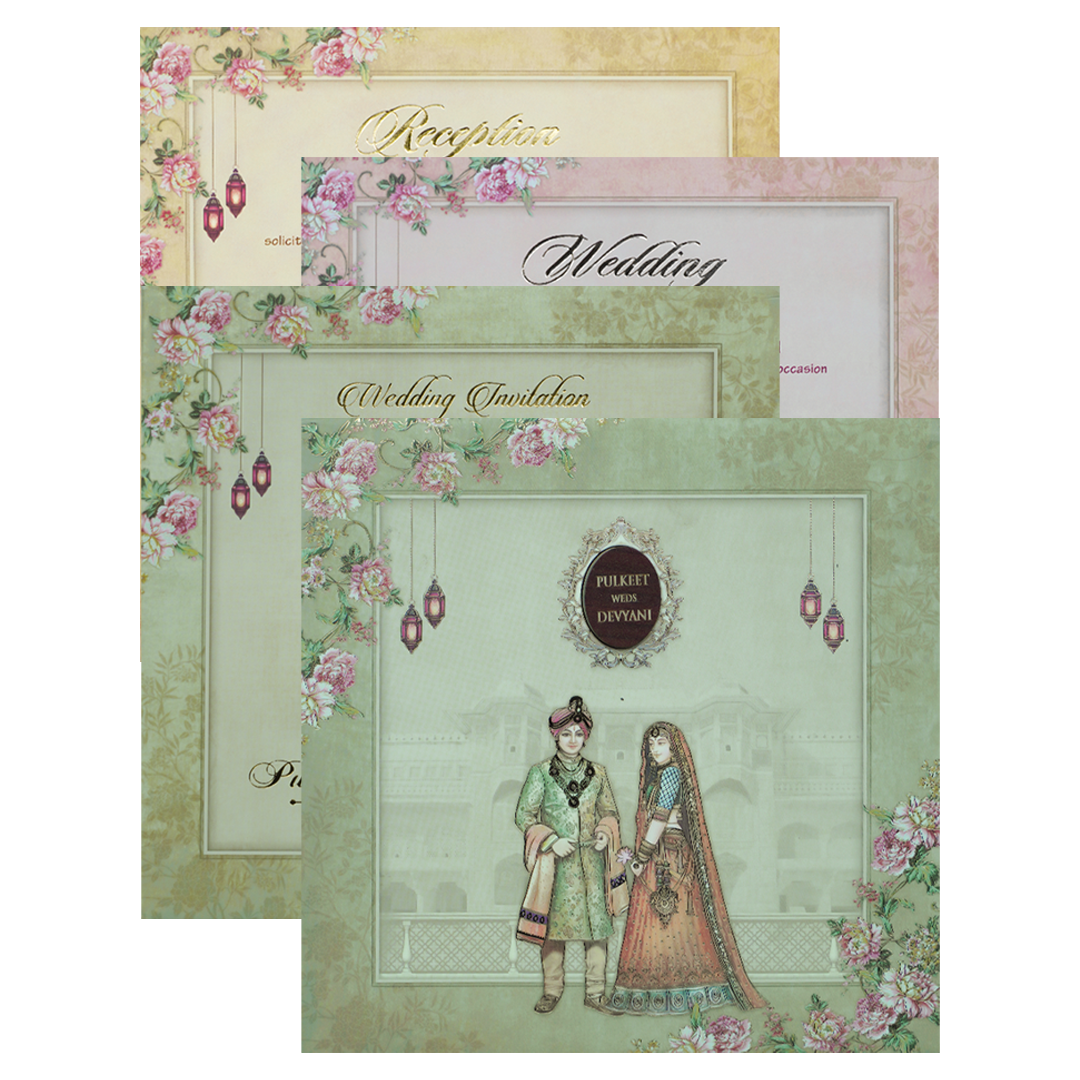 Green Floral Couple Palace Padded Wedding Card-KJTS1820