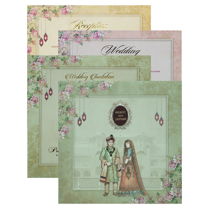 Green Floral Couple Palace Padded Wedding Card-KJTS1820
