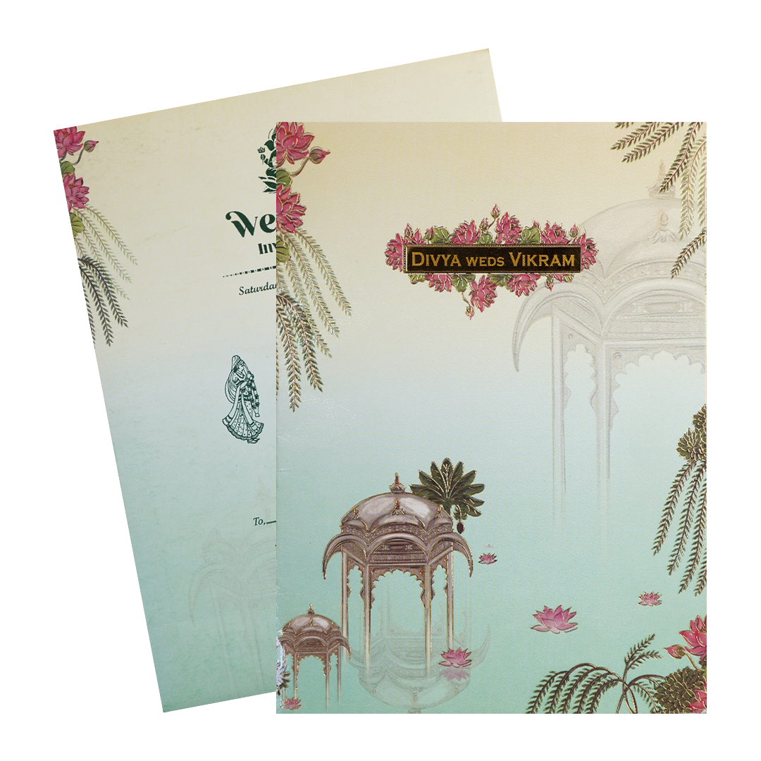 Pastel Green Lotus Pavilion Wedding Card-KNTY6808