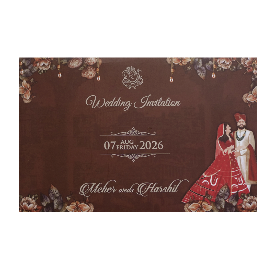 Maroon Couple Floral Padded Wedding Invitation Card -KVN07420