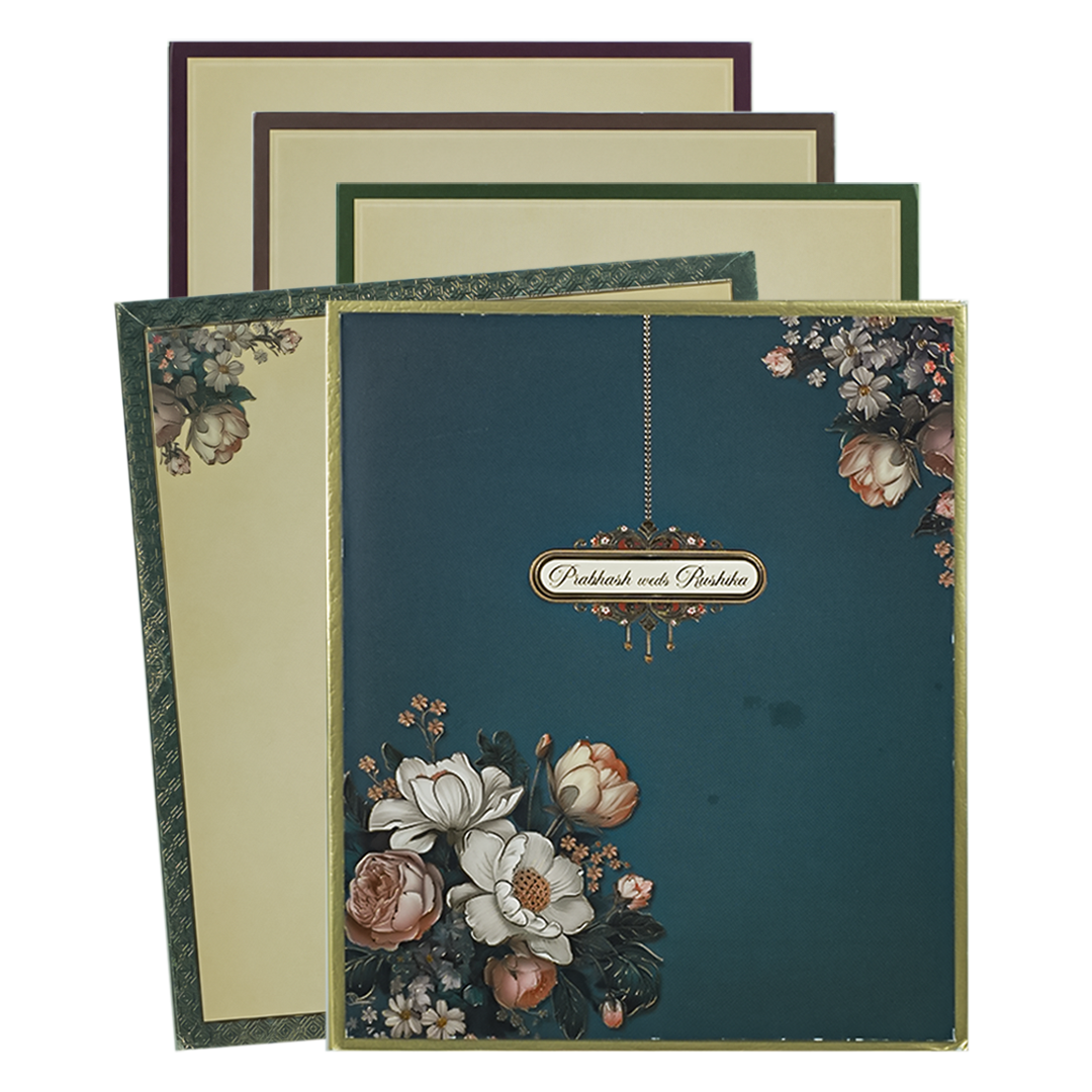 Blue Padded Floral Wedding Card-KAK01640