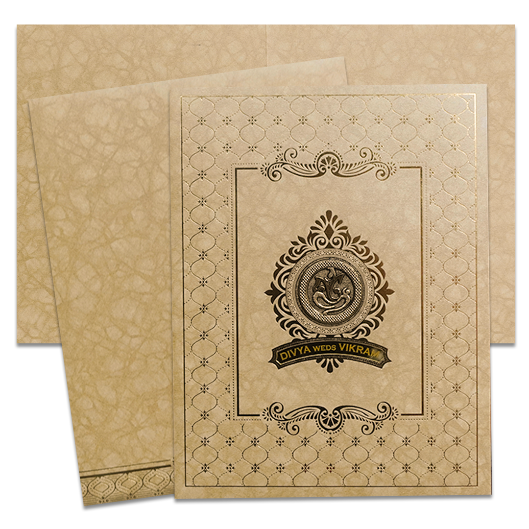 Cream Gold Ganesha Personalized Wedding Card-KNKR5033B