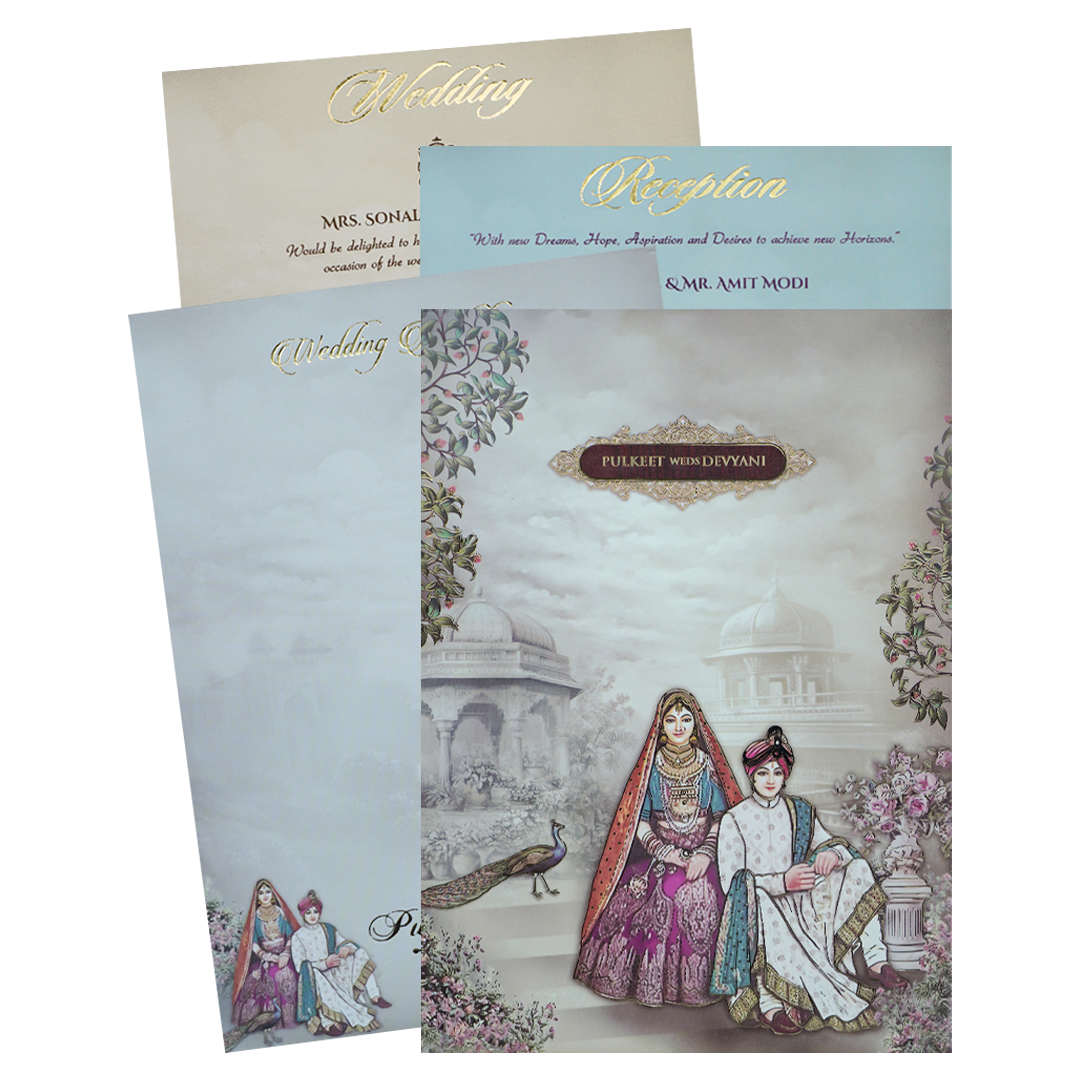Check out Cream Maharaja Couple Padded Wedding Card at best price.✅WhatsApp Support ✅Express Delivery.|King of cards.