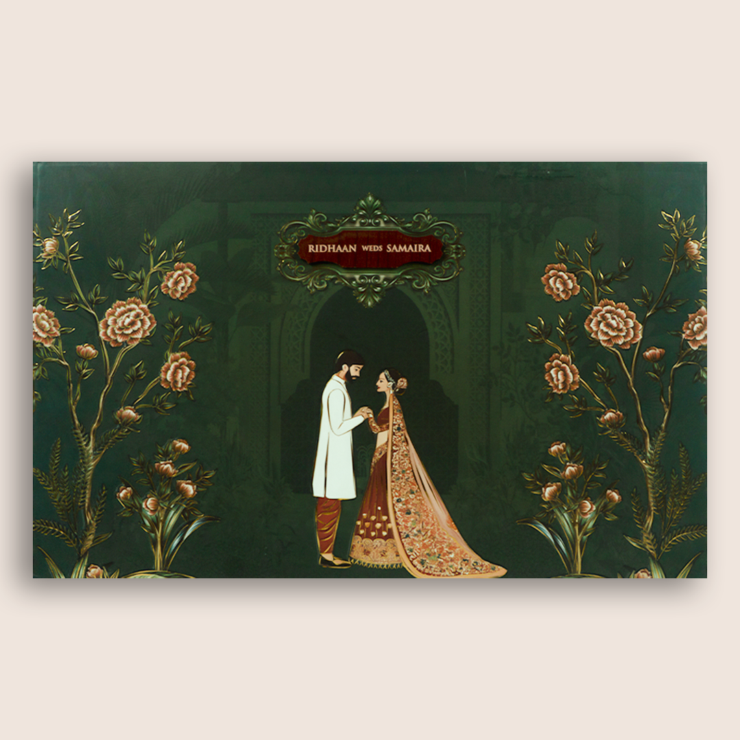 Green Embossed Bride Groom Marriage Invitation - KVN07640
