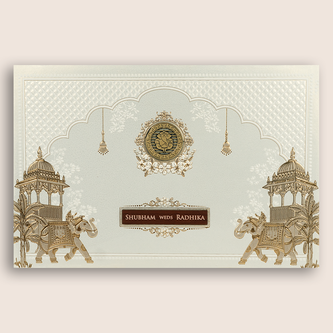 White Embossed Elephant Padded Wedding Invitation - KSH27210