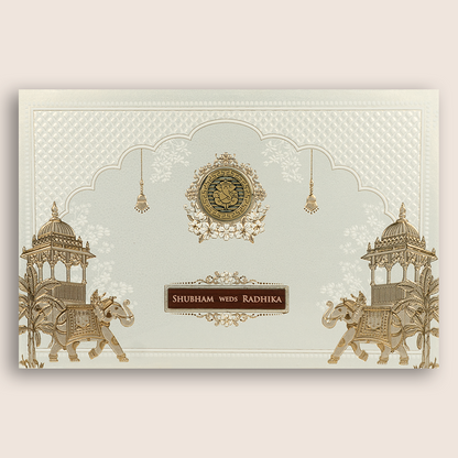 White Embossed Elephant Padded Wedding Invitation - KSH27210