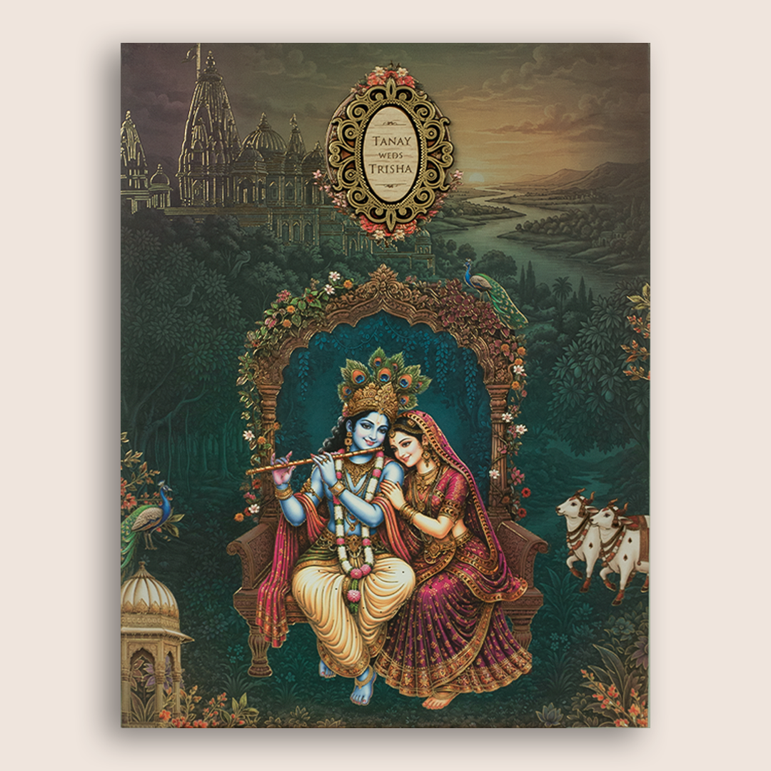 Teal Blue Radha Krishna Padded Wedding Invitation - KSH18360