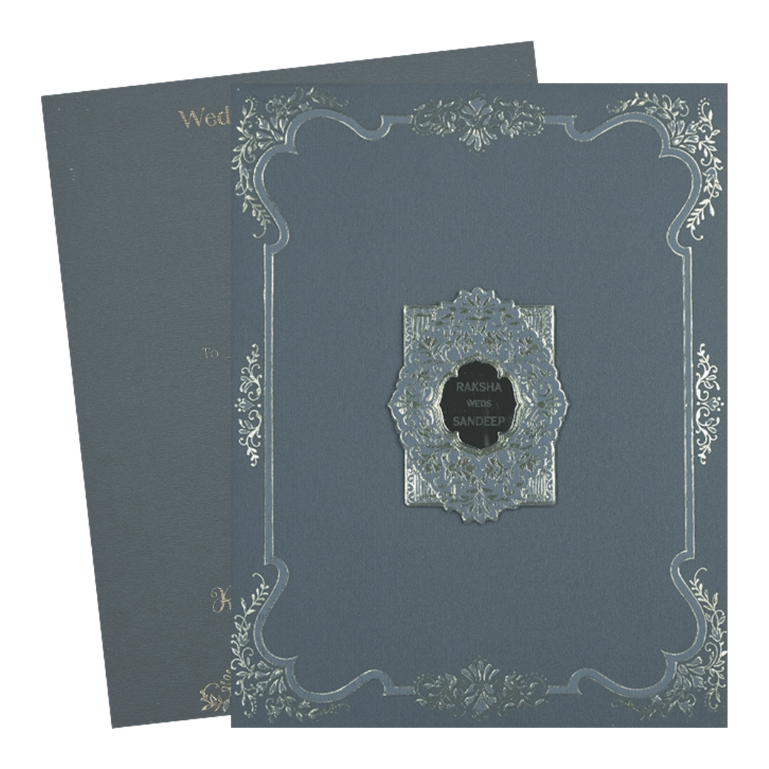 Blue Gold Floral Border Padded Wedding Card-KSI64420