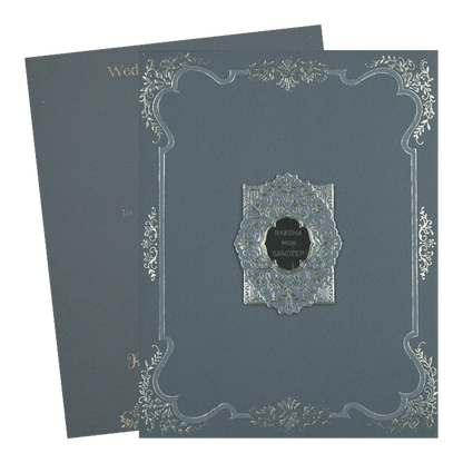 Blue Gold Floral Border Padded Wedding Card-KSI64420