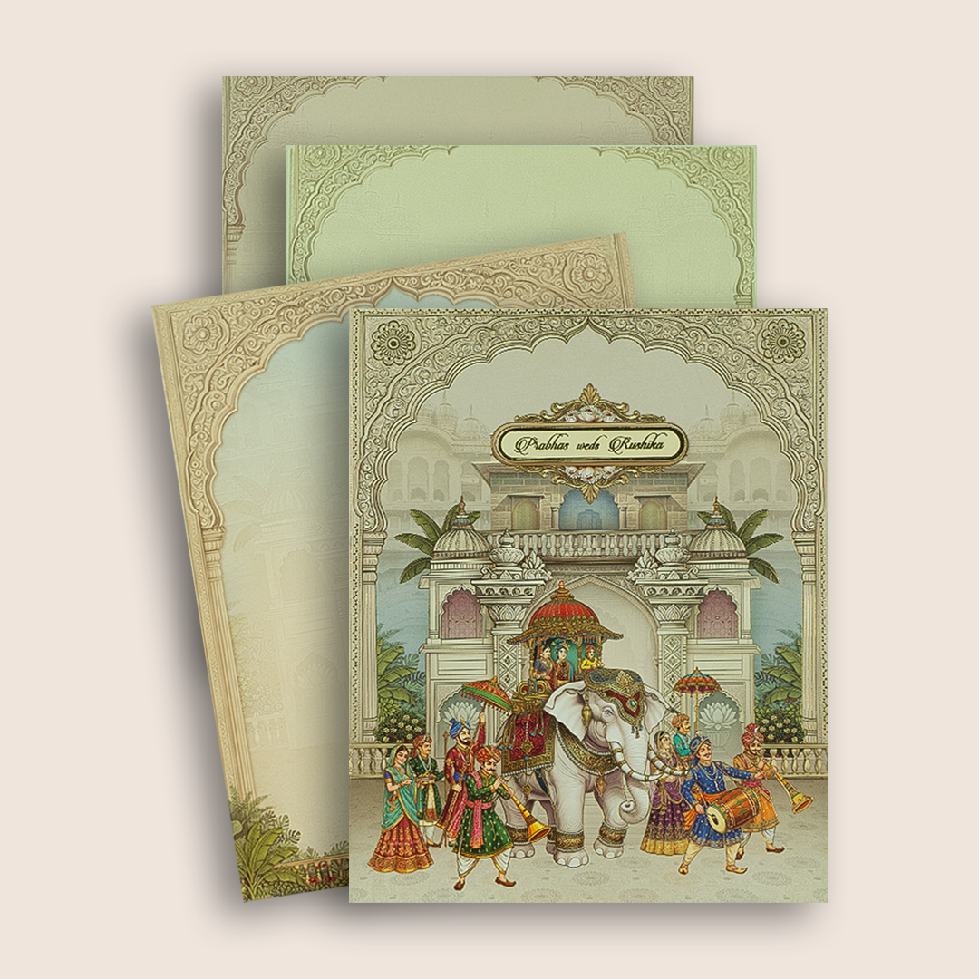Grey Royal Palace Baraat Padded Wedding Card - KAA05540