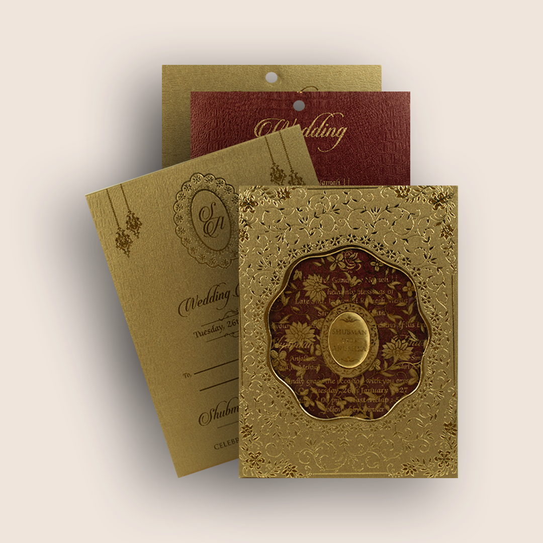 Gold Floral MDF Laser Cut Wedding Invitation Card - KRB10150