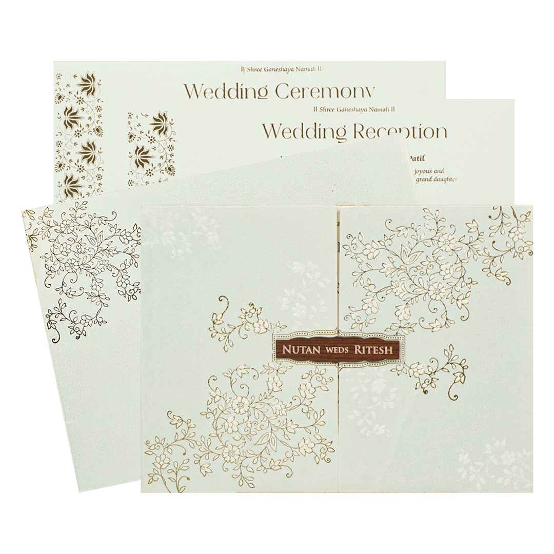 White Gold Floral Door Style Wedding Card - KRE25880