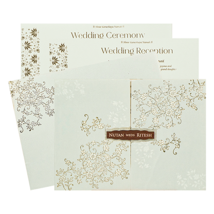 White Gold Floral Door Style Wedding Card - KRE25880