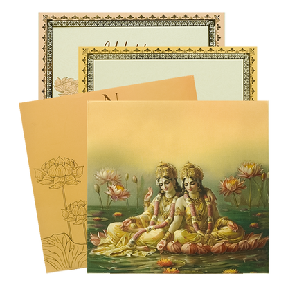 Gold Vishnu Lakshmi Lotus Padded Wedding Card-KBM05170