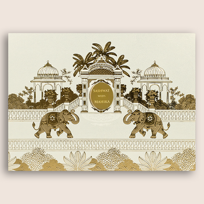 Ivory Jharokha Elephant Padded Invitation Card - KRE29270