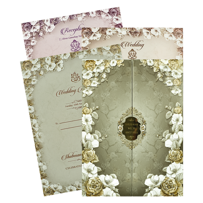Green Floral Rose Padded Wedding Card-KRB09230