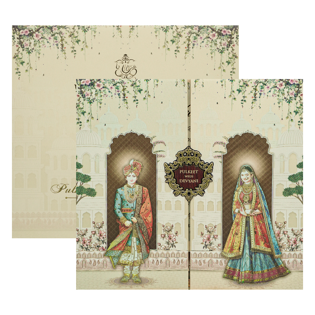 Cream Royal Couple Palace Padded Wedding Card-KJTS1818