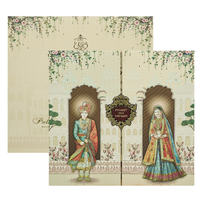 Cream Royal Couple Palace Padded Wedding Card-KJTS1818