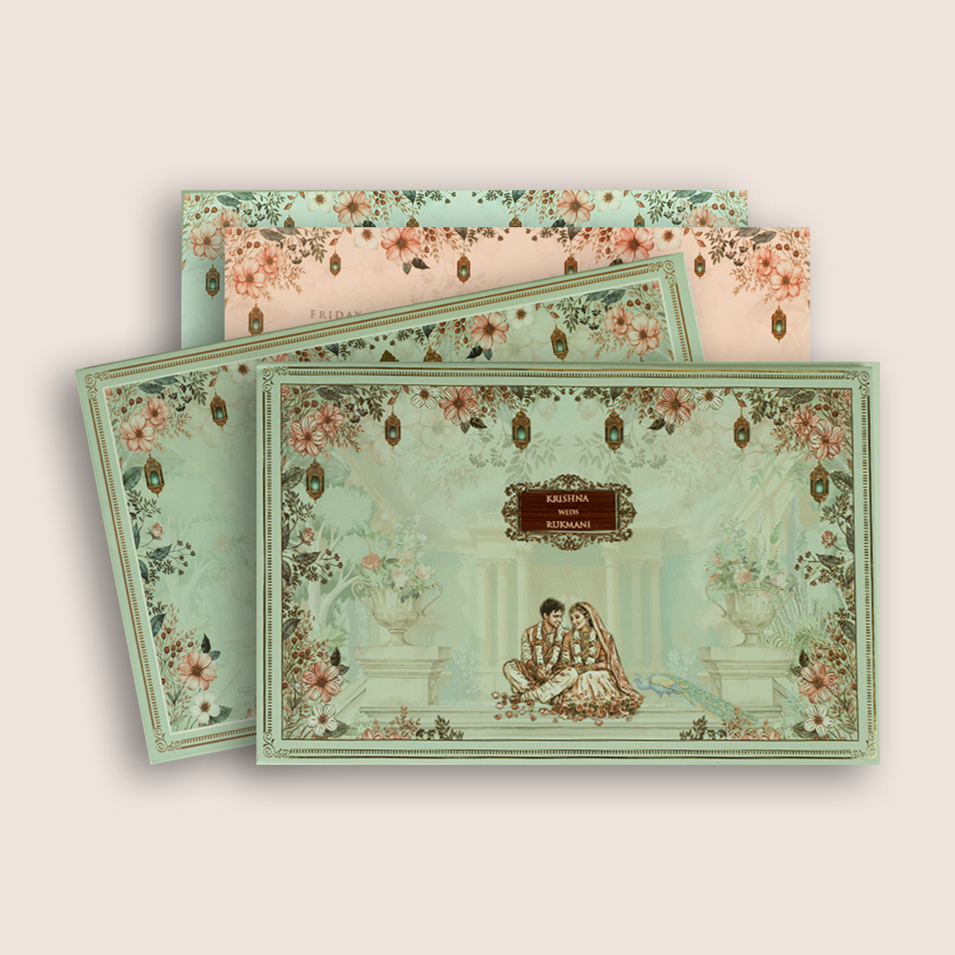 Pale Green Floral Bride Groom Padded Invitation Card - KJTS1827