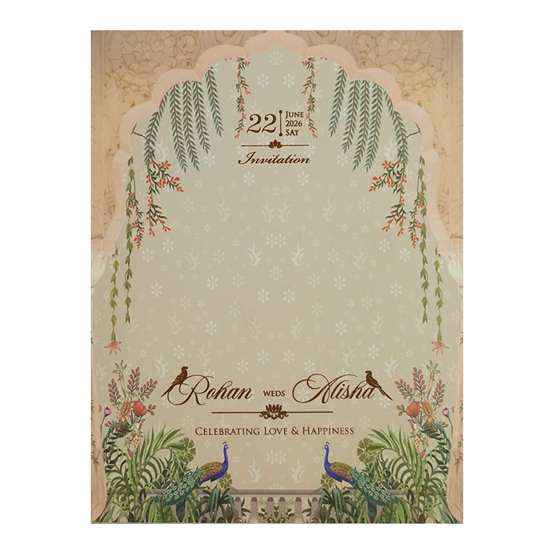 Beige Gold Elephant and Peacock Theme Wedding Card - KFR16450