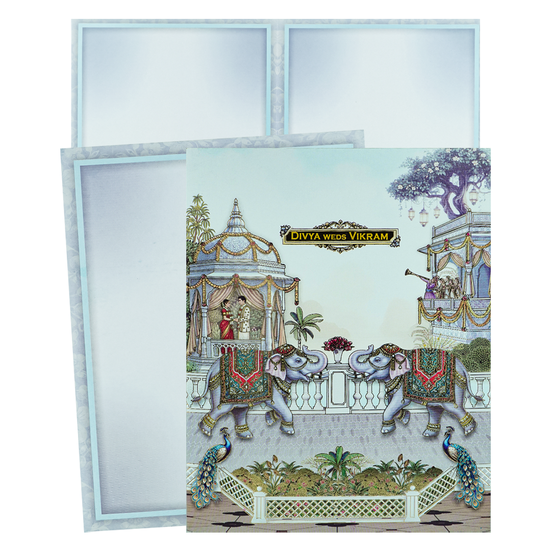Blue Floral Peacock Wedding Card-KNKJ1160