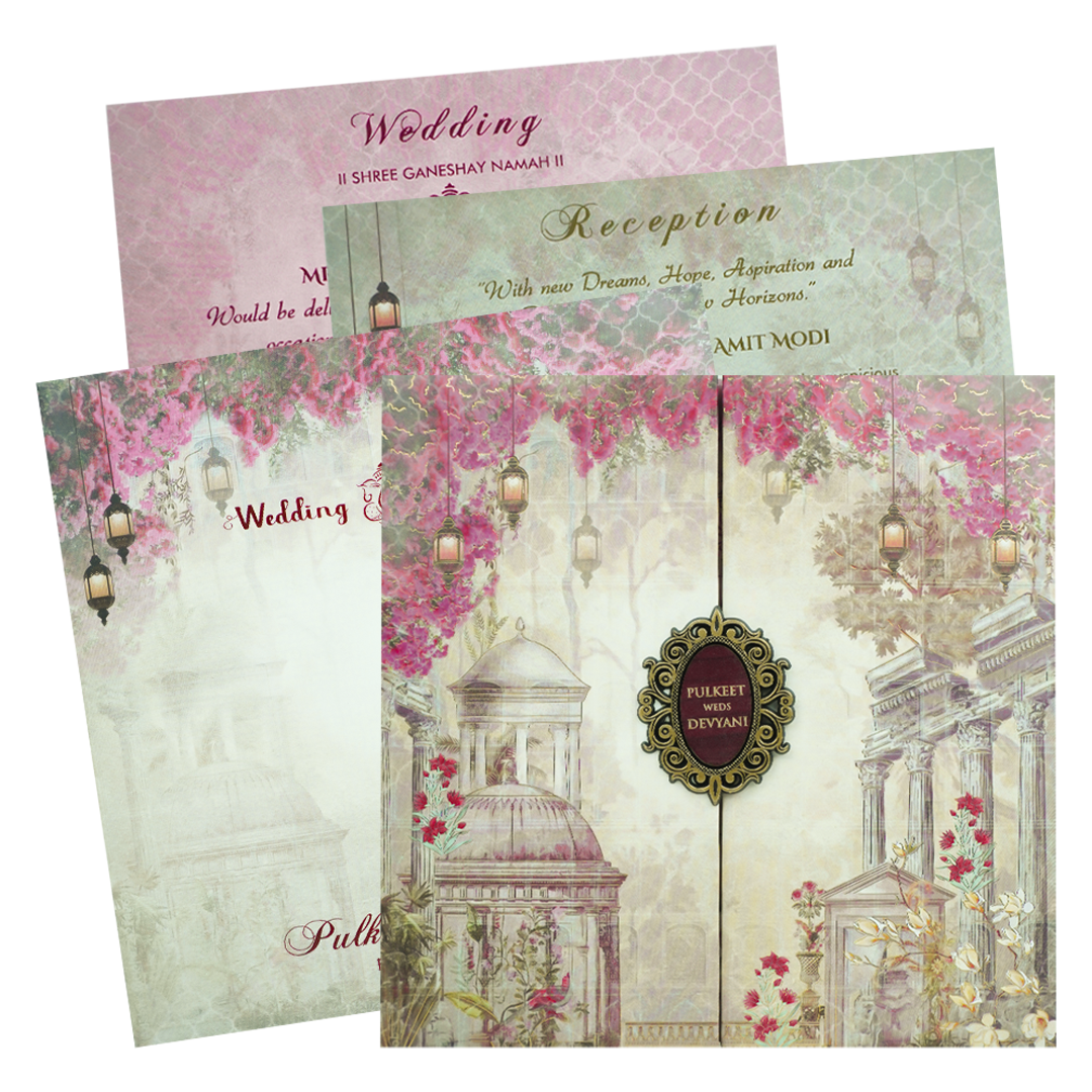 Check out Grey  Pink Floral Gatefold Padded Wedding Card at best price.✅WhatsApp Support ✅Express Delivery.|King of cards.