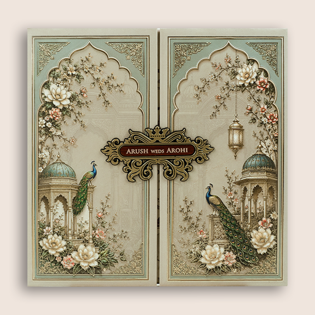 Olive Green Peacock Door Style Padded Wedding Card - KSH18660