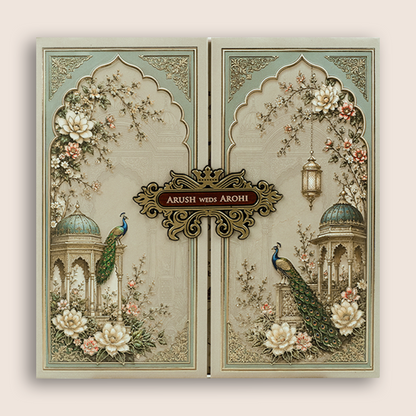 Olive Green Peacock Door Style Padded Wedding Card - KSH18660