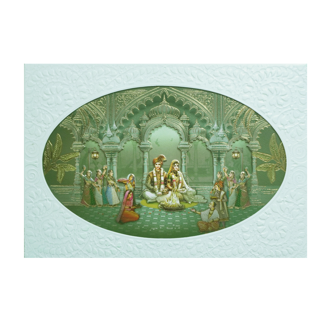 Green Bride &amp; Groom Lasercut Palace Padded Wedding Card - KMMEX8100