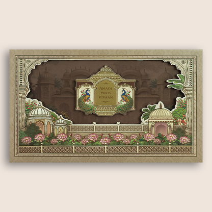 Brown Rajasthani Jharokha Padded Marriage Invitation Card - KSH18270