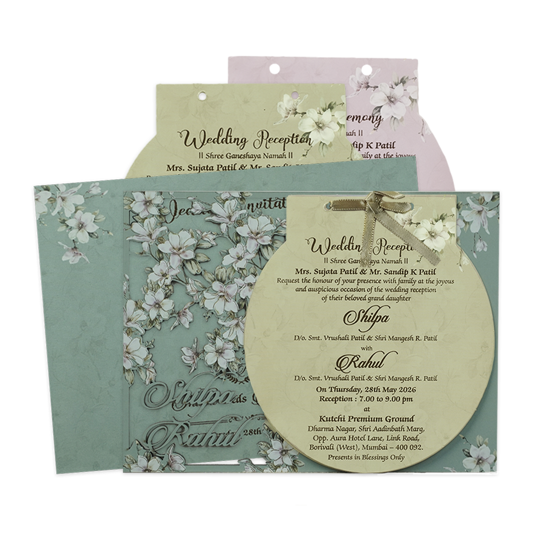 Green Laser Cut Floral Ribbon Wedding Card-KRE26740