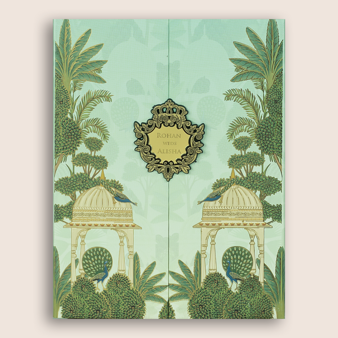 Pastel Green Jharokha Door Style Padded Wedding Card - KFR16420