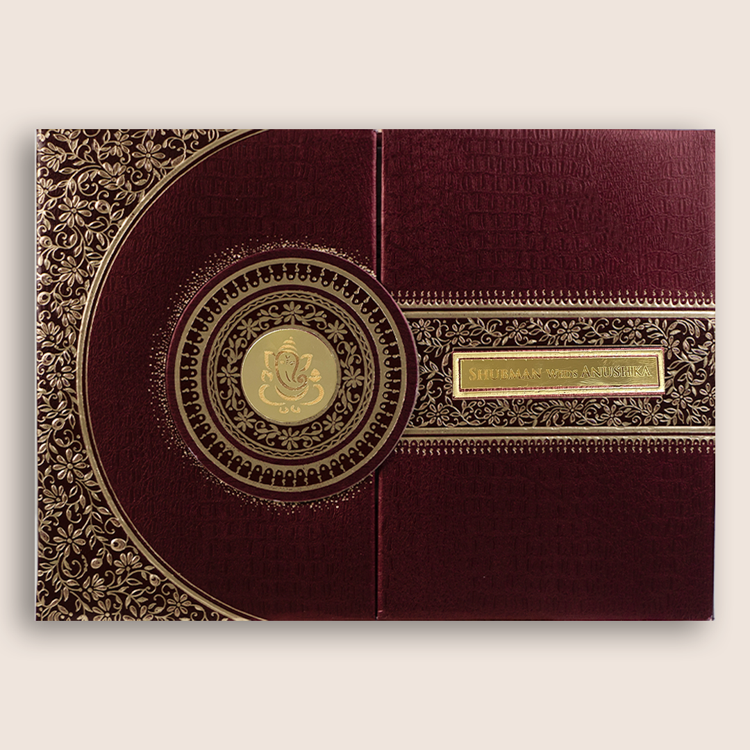 Wine Embossed Floral Door Style Padded Wedding Card - KRB10470
