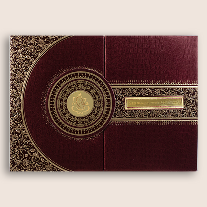Wine Embossed Floral Door Style Padded Wedding Card - KRB10470