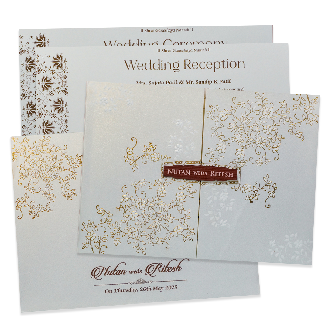 White Gold Floral Door Style Padded Wedding Card - KRE25880