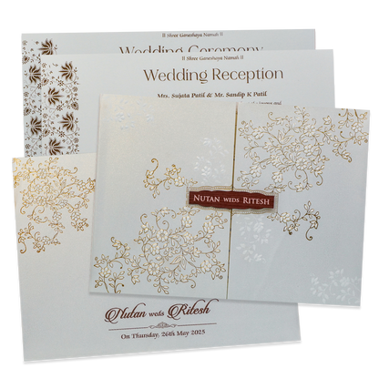 White Gold Floral Door Style Padded Wedding Card - KRE25880