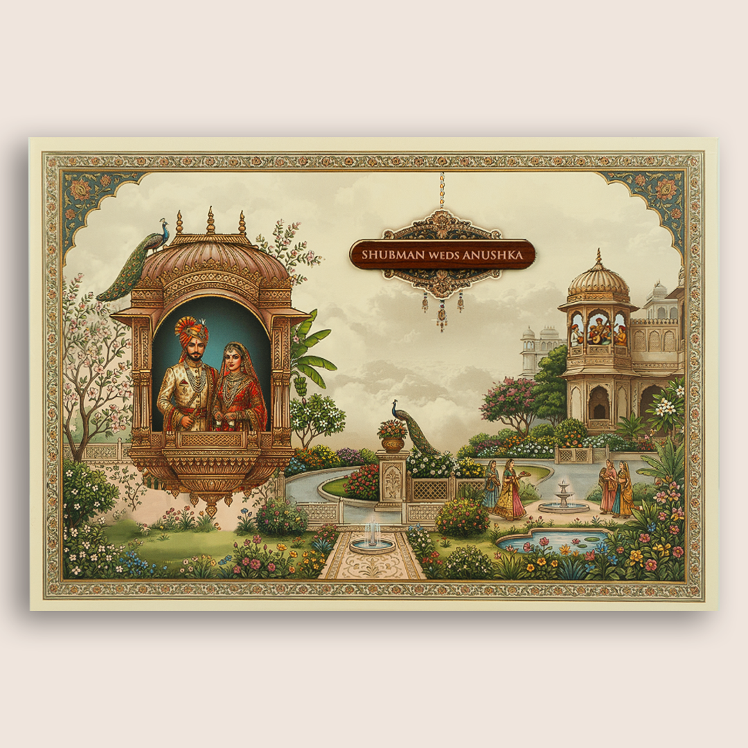 Cream Bride Groom Jharokha Padded Wedding Card - KRB10720