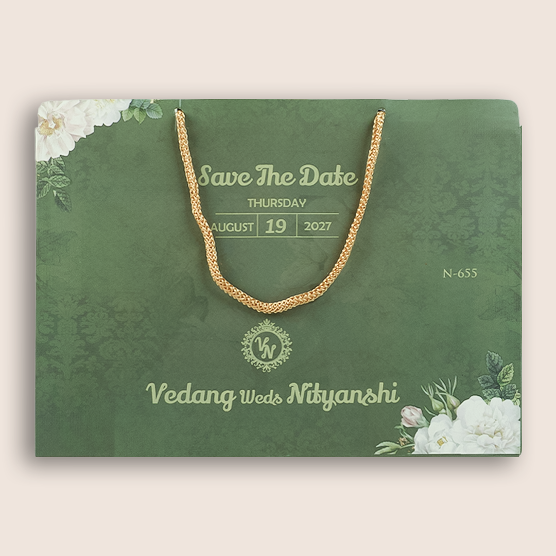 Green Floral Door Style Padded Wedding Card - KVN06550
