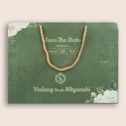 Green Floral Door Style Padded Wedding Card - KVN06550