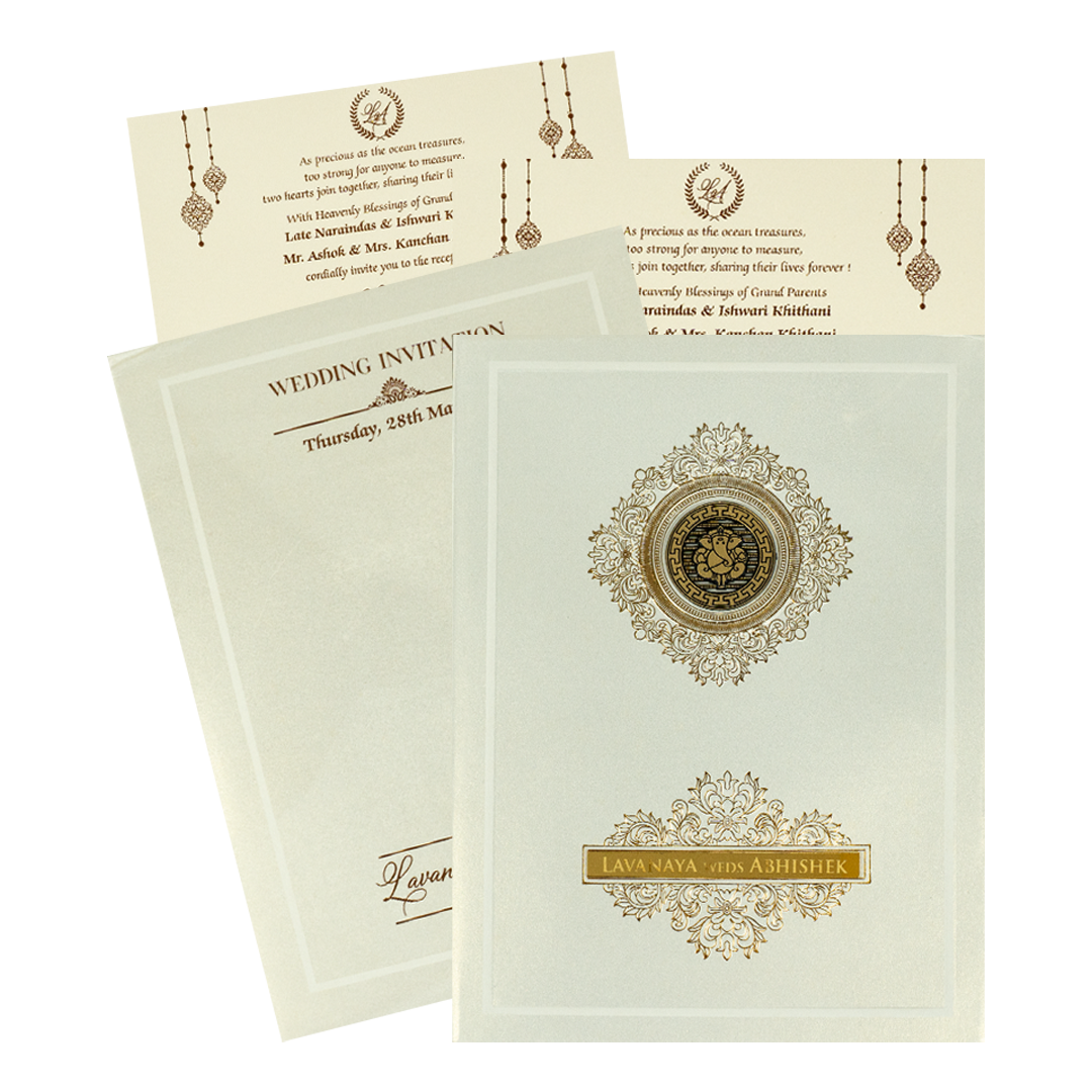 White Ganesha Medallion Floral Padded Wedding Card-KRE26300