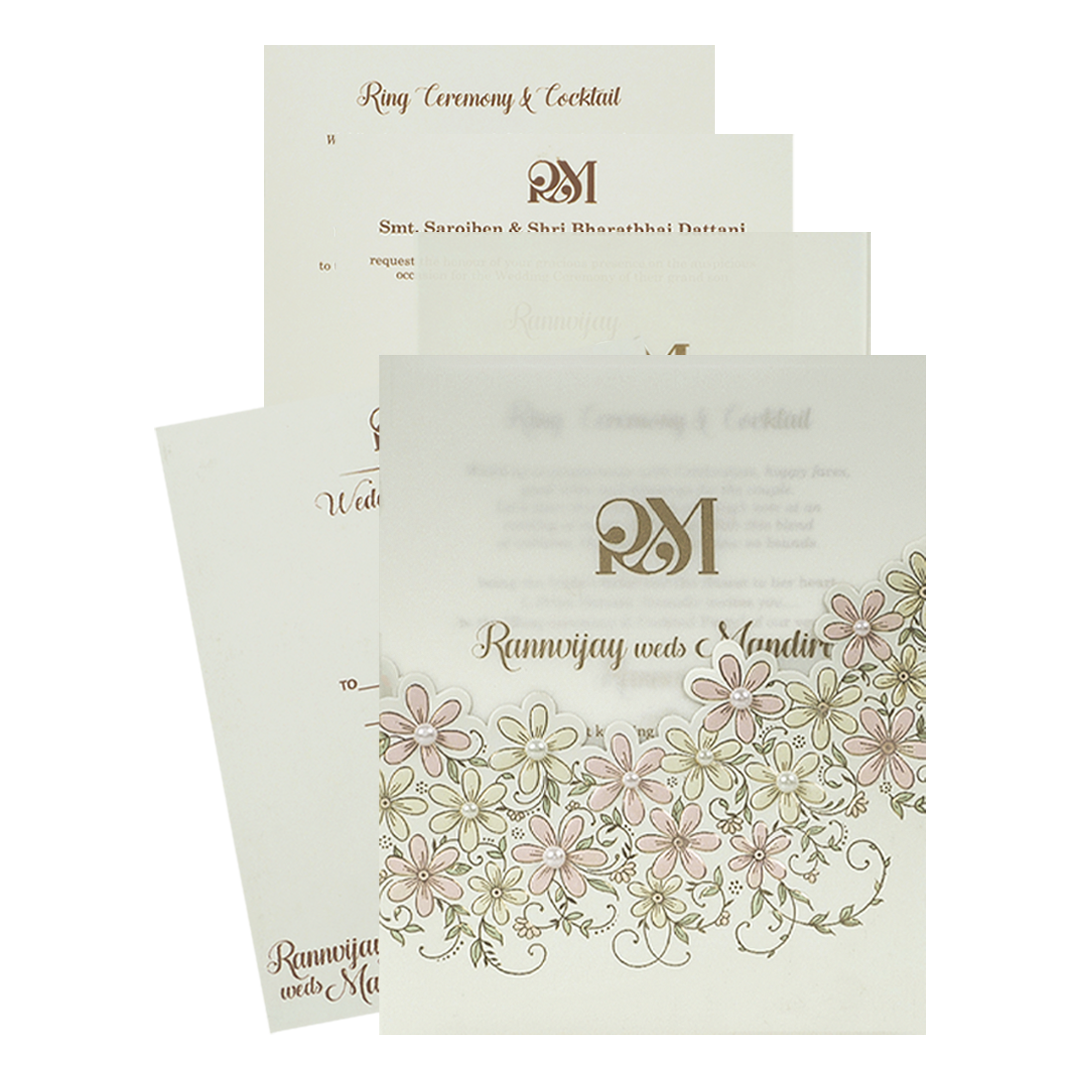 White Pearl Floral Ring Ceremony Wedding Card-KSI64620