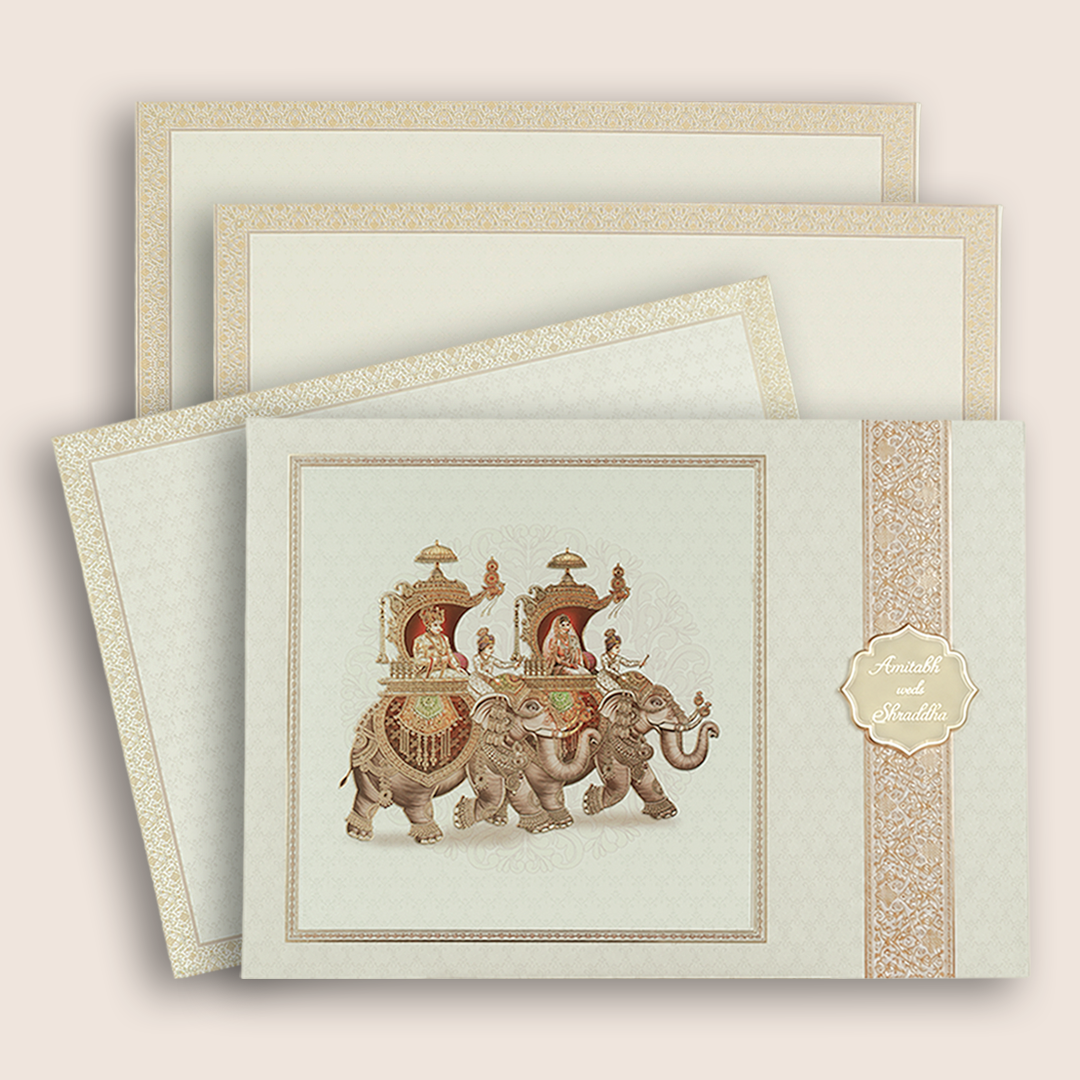 White Royal Baraat Door Style Wedding Card - KAA05420