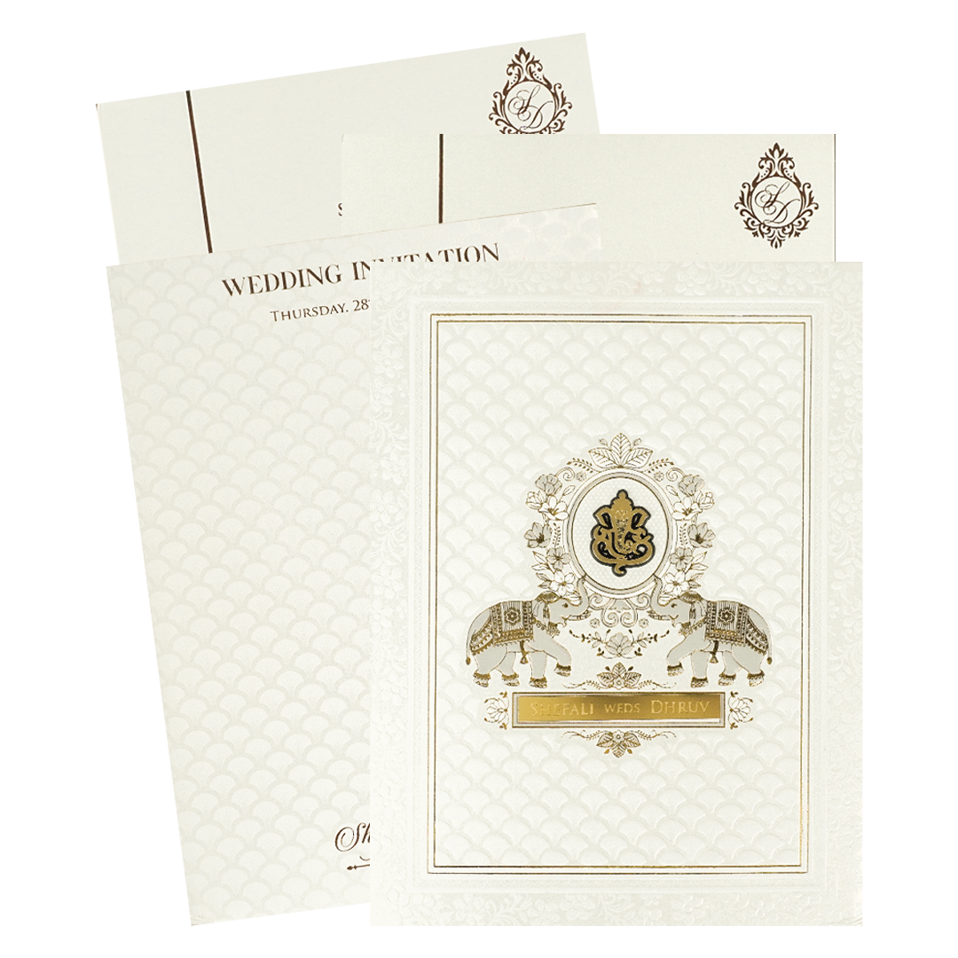 White Ganesha Embossed Padded Wedding Card-KRE28160