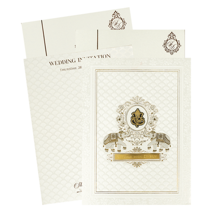 White Ganesha Embossed Padded Wedding Card-KRE28160