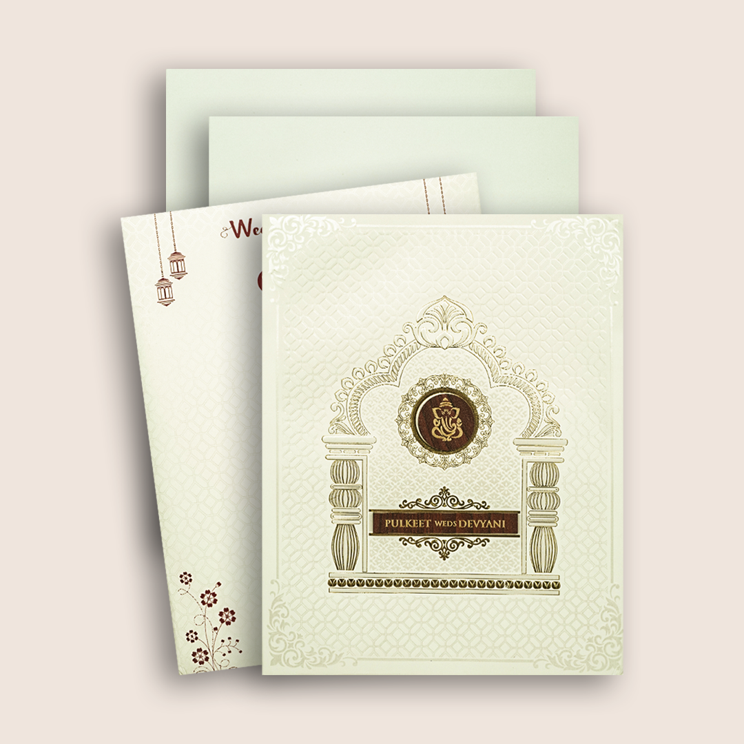 White Floral Mandap Padded Wedding Invitation Card - KJTS1858