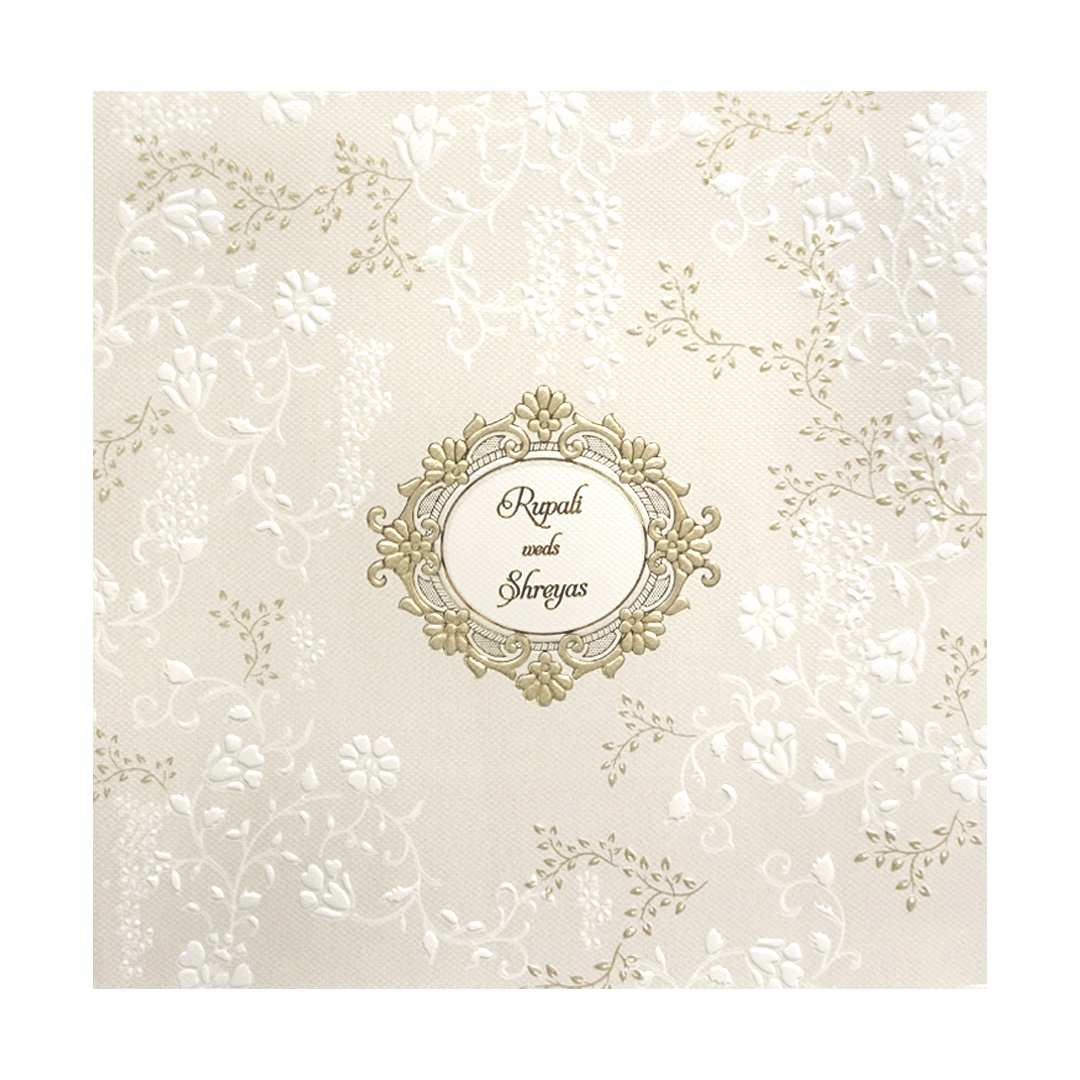 Cream Gold Floral Embossed Padded Wedding Card - KMMWD1123