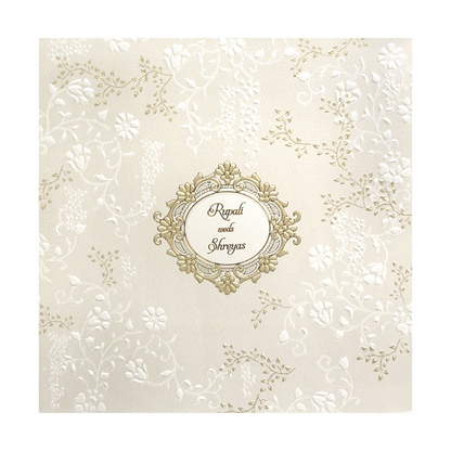 Cream Gold Floral Embossed Padded Wedding Card - KMMWD1123
